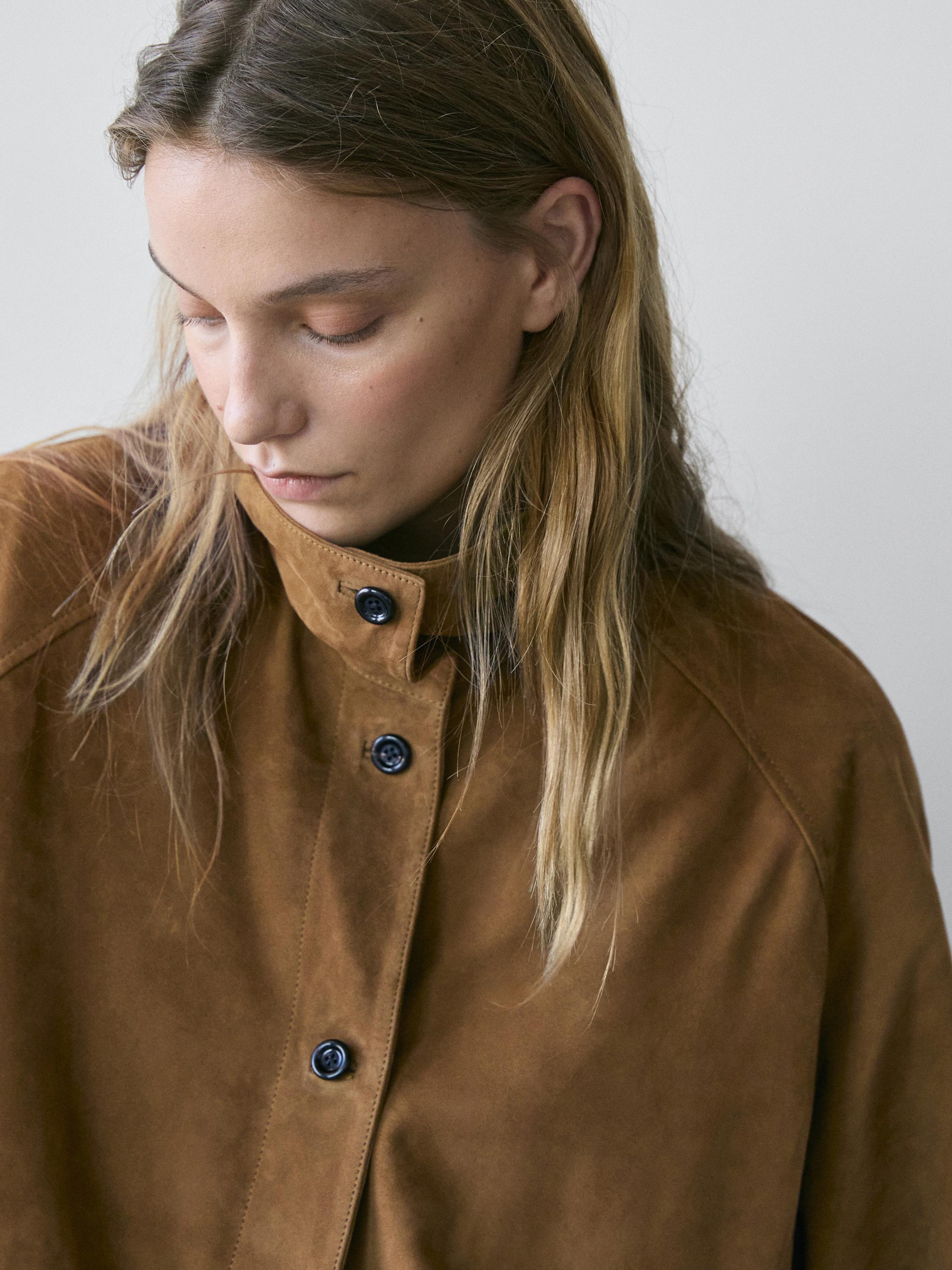 Veste bomber courte en cuir effet daim